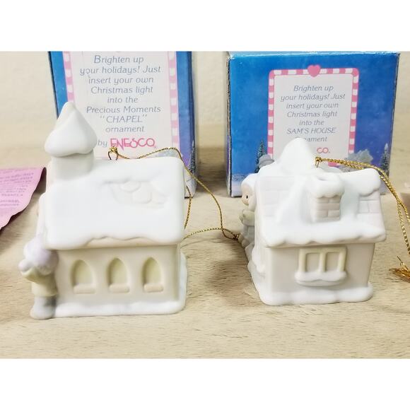 Enesco Sugar Town Chapel 1993 & Sam's House 1994 Ornament Porcelain White x2 Vtg - Picture 9 of 15